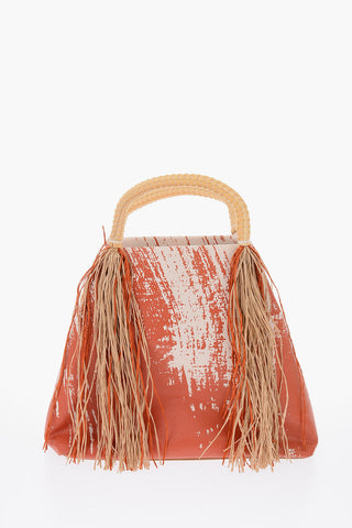 Printed Tote Handbag with Raffia Fringes