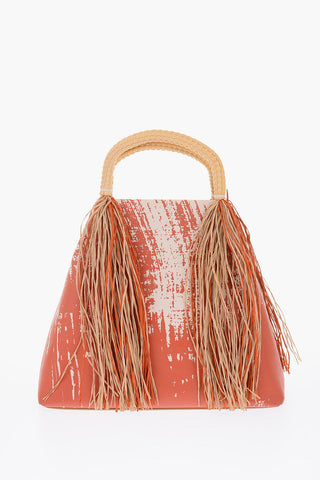 Printed Tote Handbag with Raffia Fringes