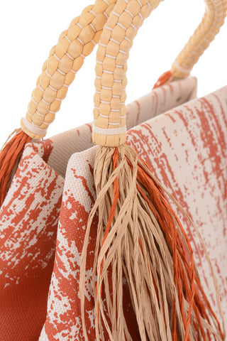 Printed Tote Handbag with Raffia Fringes