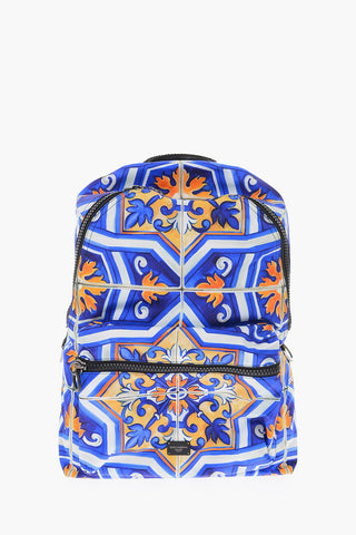 Printed Nylon MAIOLICHE Backpack with Leather Details