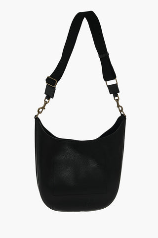 Textured Leather Shoulder Bag with Fabric Shoulder Strap