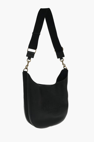 Textured Leather Shoulder Bag with Fabric Shoulder Strap