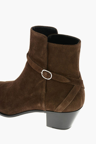 Suede Western Booties with Strap and Buckle