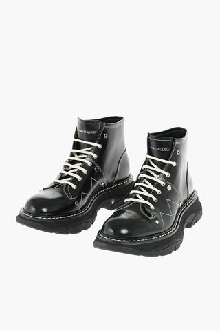 Leather Combat Booties with Contrasting Laces and Stitchings