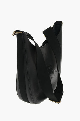Textured Leather Shoulder Bag with Fabric Shoulder Strap