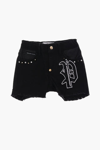 stretch denim PARTY ROCK shorts with studs