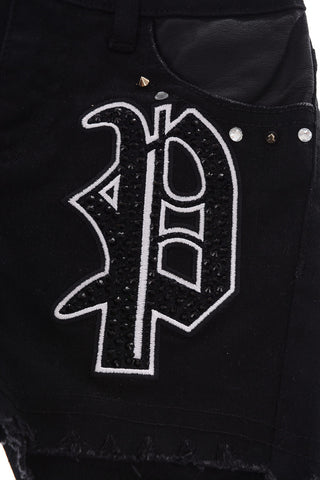 stretch denim PARTY ROCK shorts with studs
