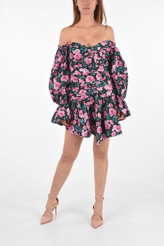floral-printed taffeta sweetheart neckline mini dress