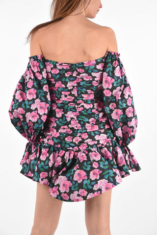 floral-printed taffeta sweetheart neckline mini dress