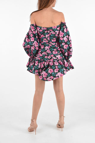 floral-printed taffeta sweetheart neckline mini dress