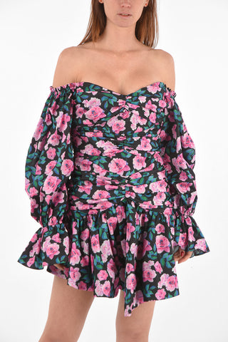 floral-printed taffeta sweetheart neckline mini dress