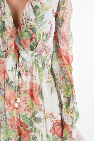 floral-print silk v-neck mini playsuit with poet sleeve
