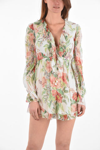 floral-print silk v-neck mini playsuit with poet sleeve