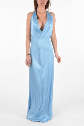silk floor lenght halterneck dress with zip back closure