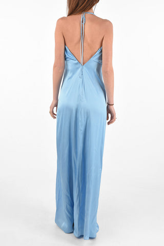 silk floor lenght halterneck dress with zip back closure
