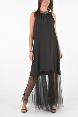 Vestito Halterneck con Sottoveste in Tulle e Girocollo Gioiello 