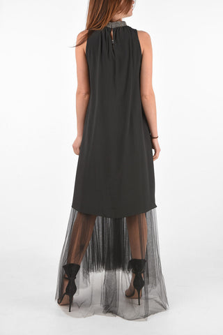 Vestito Halterneck con Sottoveste in Tulle e Girocollo Gioiello 