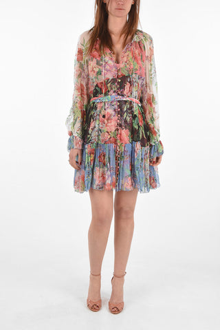 floral-print silk BELLITUDE poet sleeve above knee shirtdress