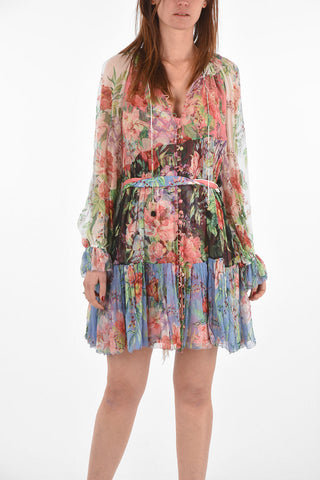 floral-print silk BELLITUDE poet sleeve above knee shirtdress