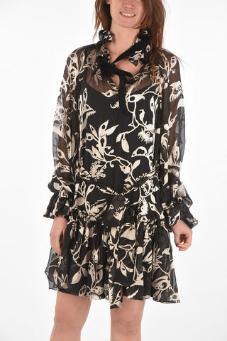 Floral Printed Silk Mini Tie Neck Dress LADYBEETLE with Belt