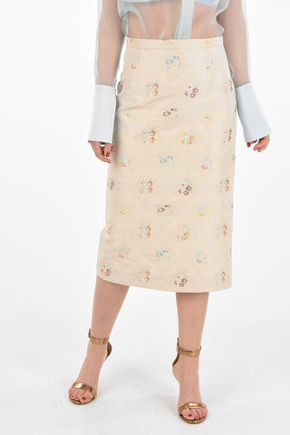 Floral-embroidered split-back hem below knee pencil skirt