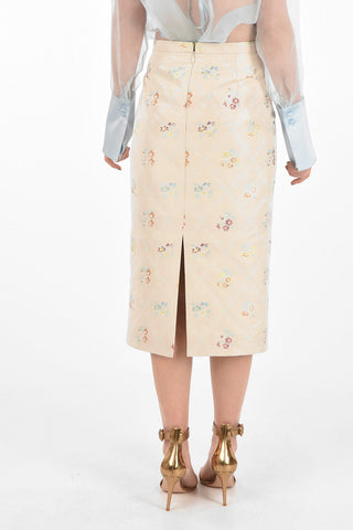 Floral-embroidered split-back hem below knee pencil skirt
