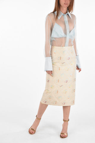Floral-embroidered split-back hem below knee pencil skirt