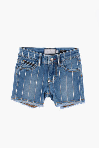 rhinestone embellished stretch denim shorts