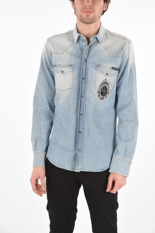 Camicia Western in Denim Stonewashed con Toppa Logata