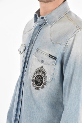 Camicia Western in Denim Stonewashed con Toppa Logata