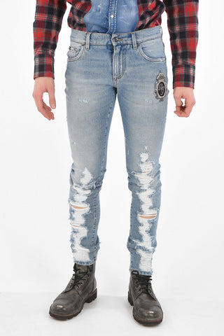 Distressed Skinny Fit Jeans with Logoed Patch 15cm