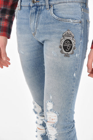 Distressed Skinny Fit Jeans with Logoed Patch 15cm