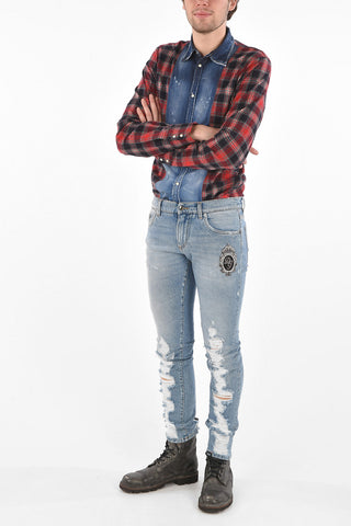 Distressed Skinny Fit Jeans with Logoed Patch 15cm