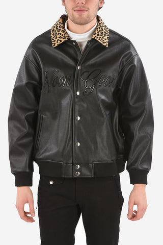 Faux Leather Bomber with Animal Printed Details