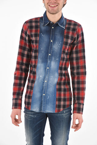 Plaid Check Flannel Shirt with Denim Inserts