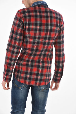 Plaid Check Flannel Shirt with Denim Inserts