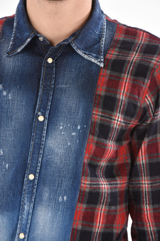Plaid Check Flannel Shirt with Denim Inserts
