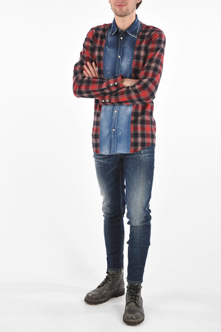 Plaid Check Flannel Shirt with Denim Inserts