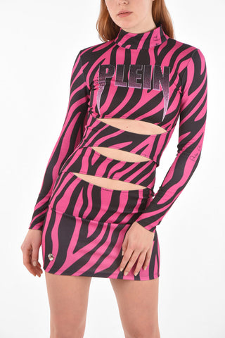 zebra-print turtle neck mini bodycon dress with Laser Cut Details