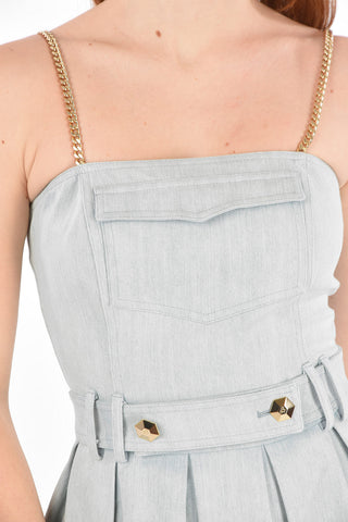 COUTURE denim pleated chain Straps ORIGINAL mini sheath dress with belt
