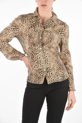 cheetah-print silk SAMANTHA faux mother-of-pearl button blouse