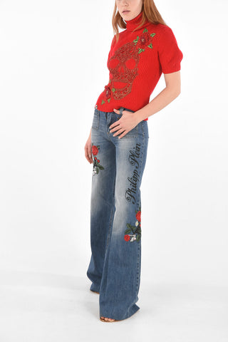 embroidered ONE ORCHID bootcut jeans