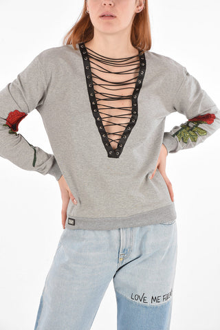 v-neck FEONA sweatshirt with lace up detail