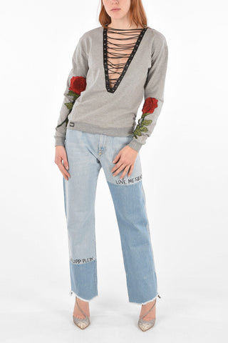 v-neck FEONA sweatshirt with lace up detail