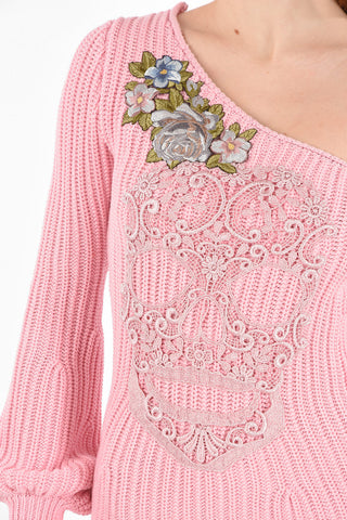 COUTURE knit AGAPE LILY mini 1-shoulder dress with Macrame skull embroidery