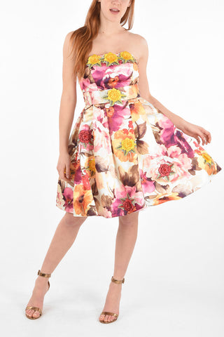 COUTURE floral-print YATES JAN above knee  strapless dress with bow on the back