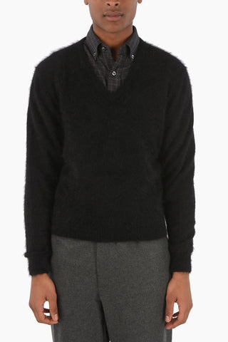 angora fuzzy V-neck sweater