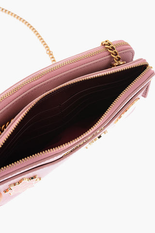 leather double zip wallet with chain shoulder strap 