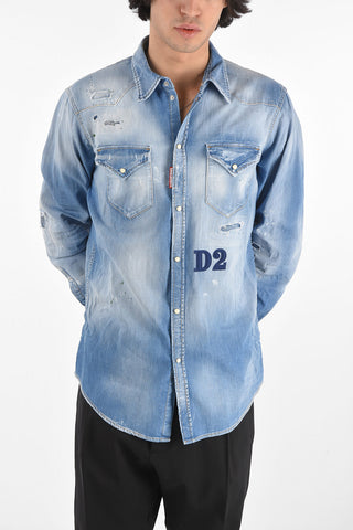 Distressed Denim Classic Collar Shirt with Snap Buttons