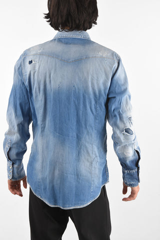 Distressed Denim Classic Collar Shirt with Snap Buttons